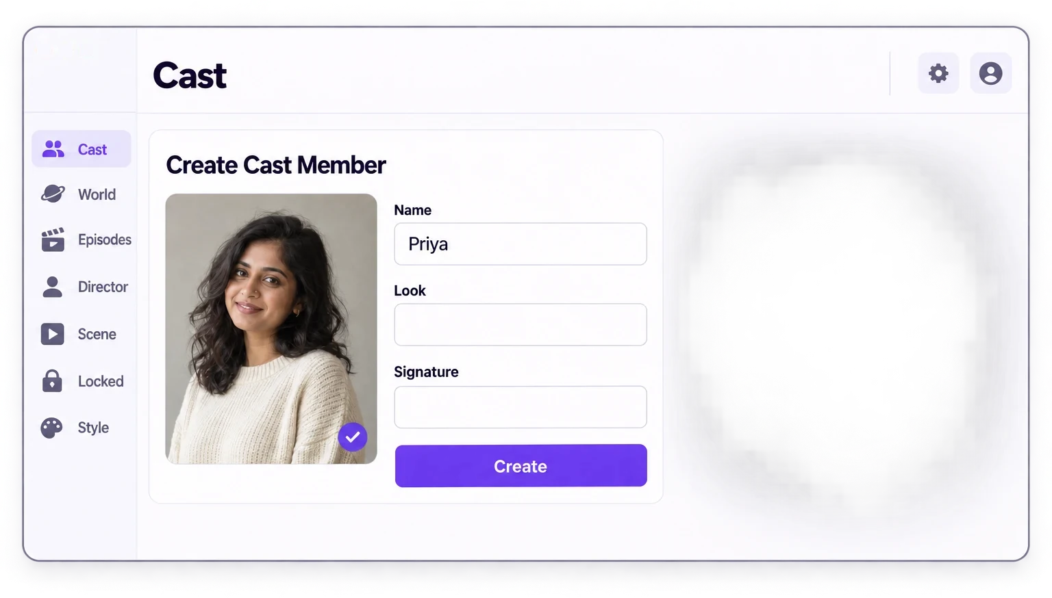 The Cast create panel — one character card being built from a single reference photo, name field filled in.