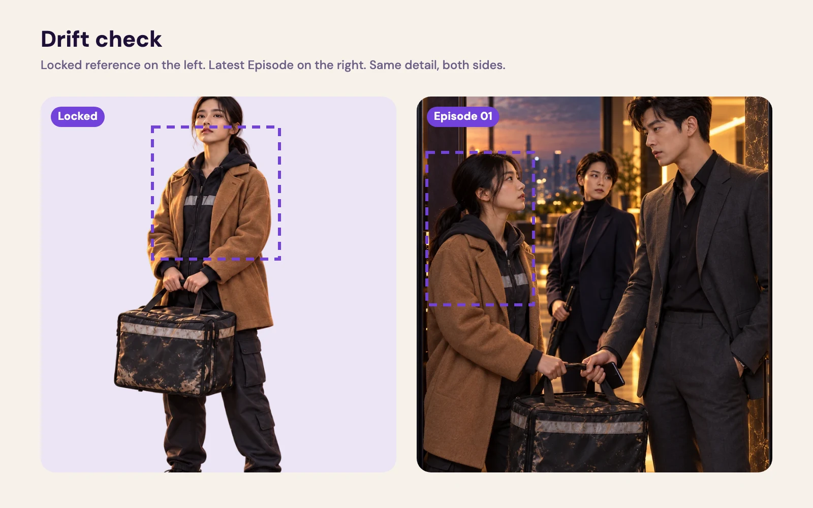 Split check — the locked Cast reference beside a recent episode still, the identity detail highlighted on both.