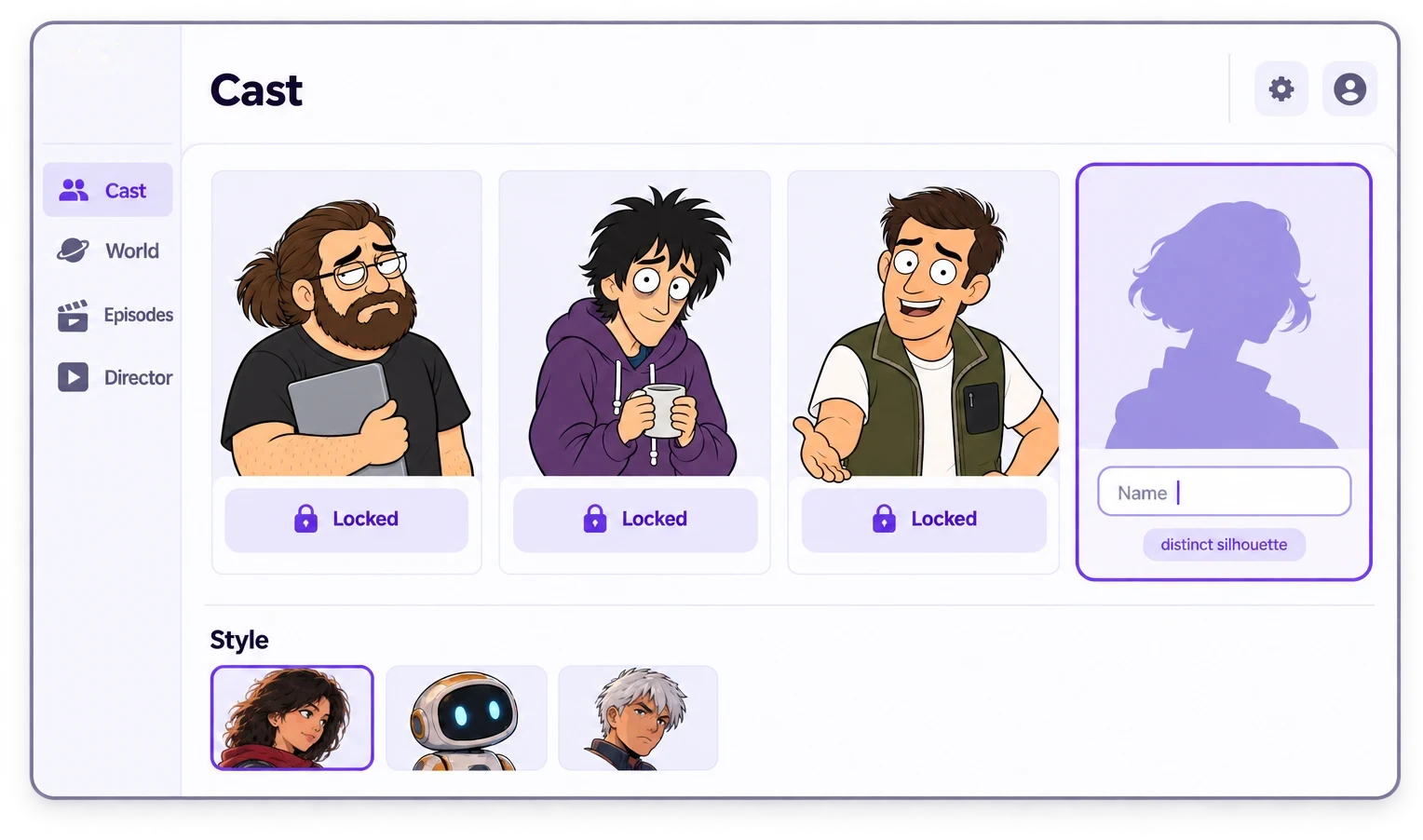 A new character card being added to the Cast strip — distinct silhouette and detail, no overlap with existing cast.