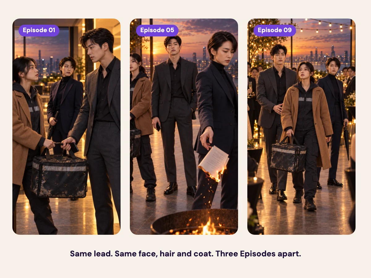 Three episode stills side by side — the same lead in episodes one, five, and nine, identity detail intact in each.