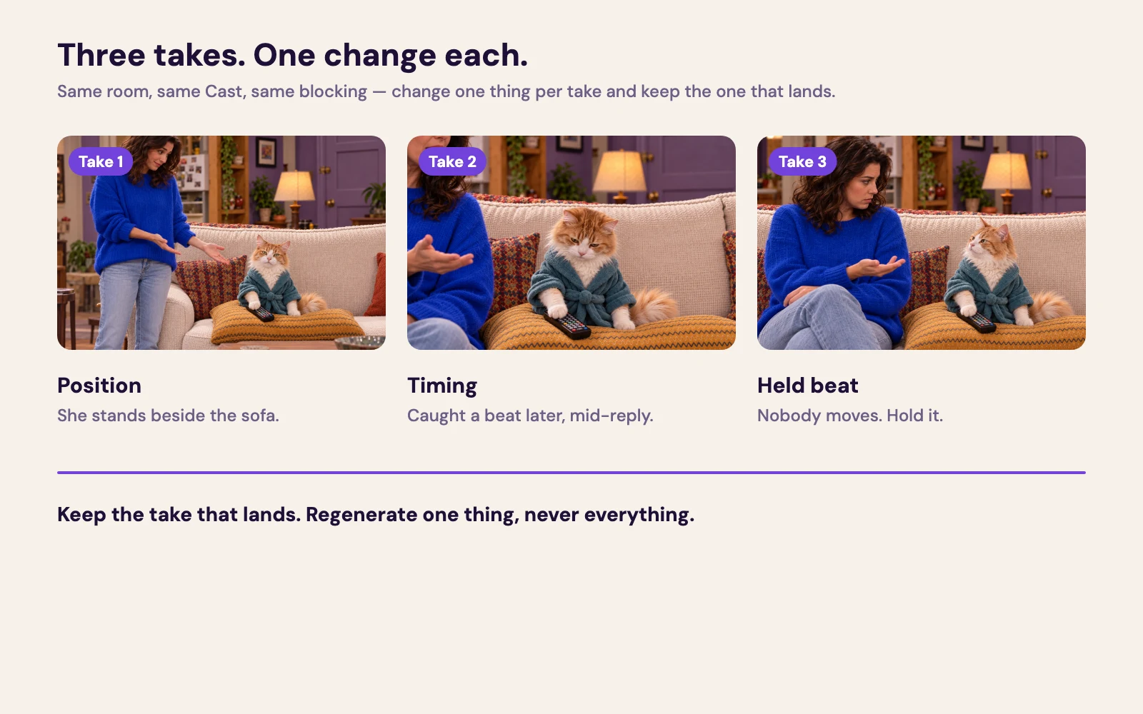 A row of takes for one Scene — the same moment tried a few ways before the keeper is chosen.