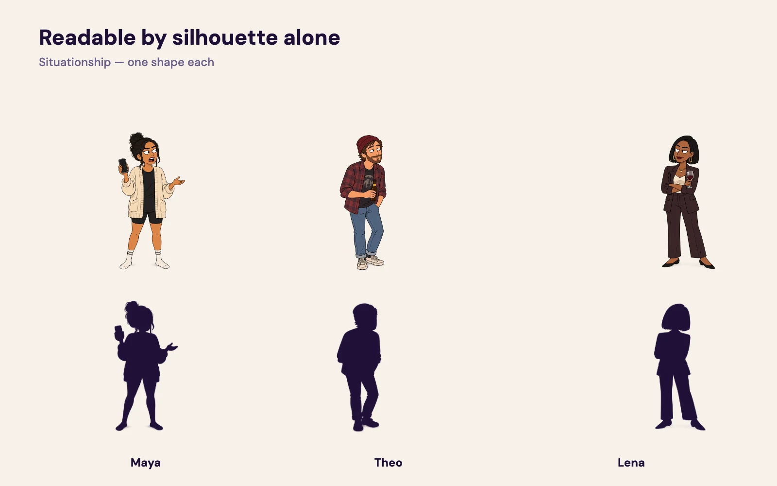 Three adult cartoon leads side by side on paper — the planner, the romantic in a beanie, the wingwoman — each readable by silhouette.