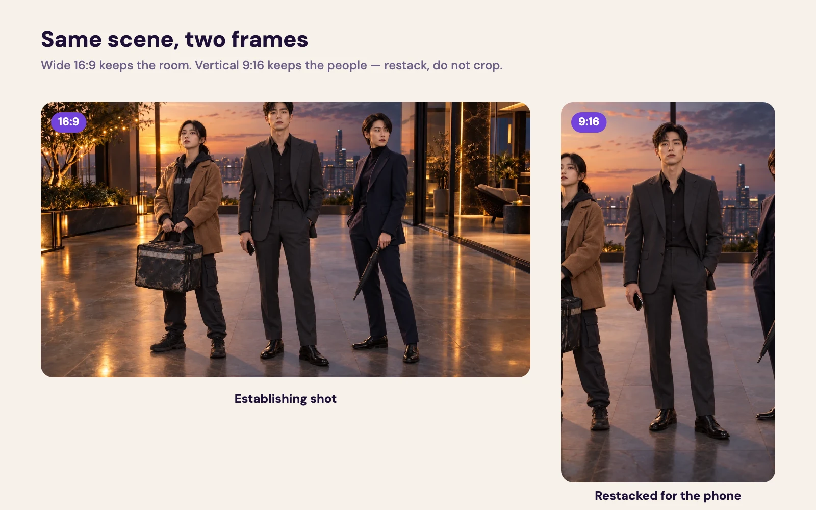 The same two-person scene framed wide at 16:9 beside the 9:16 vertical re-stack — format changes composition.