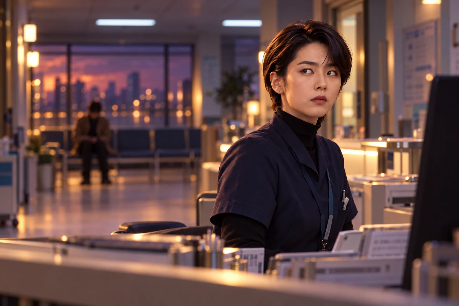 Episode still — a nurse’s station at night, a patient already seated in the waiting room under buzzing fluorescents.
