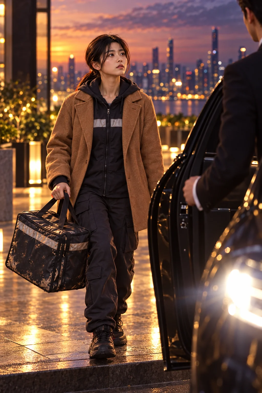 Mei Lin stepping toward a waiting car she doesn’t realize is the wrong one, headlights flaring at frame edge.