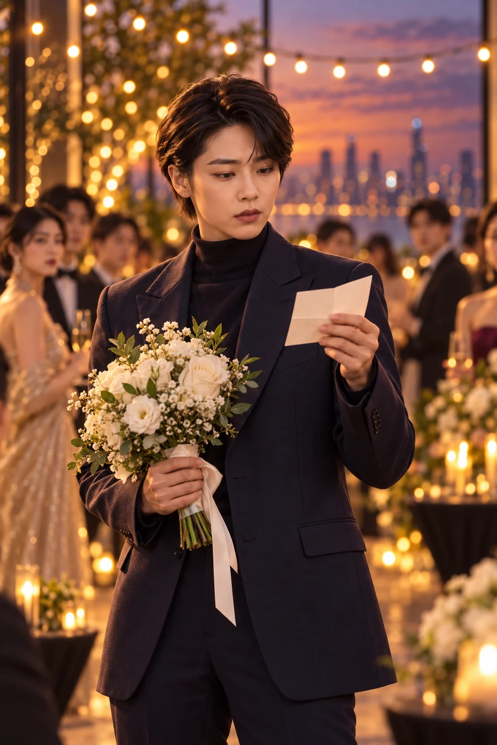 Episode still — a bride’s sister catching the bouquet and reading the note tucked inside it.