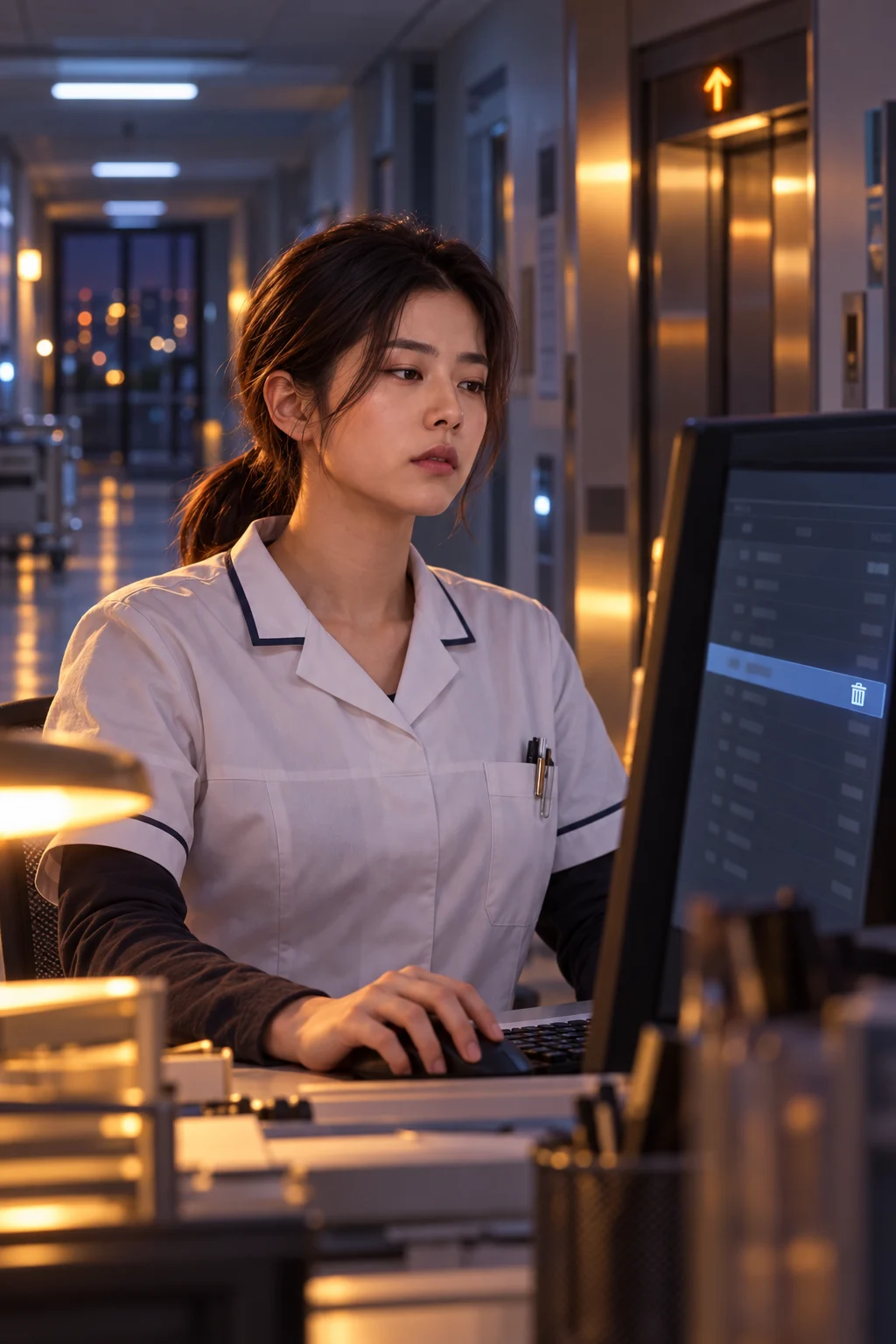 Episode still — a nurse deleting a hospital visitor log on screen, one name highlighted, elevator light arriving.