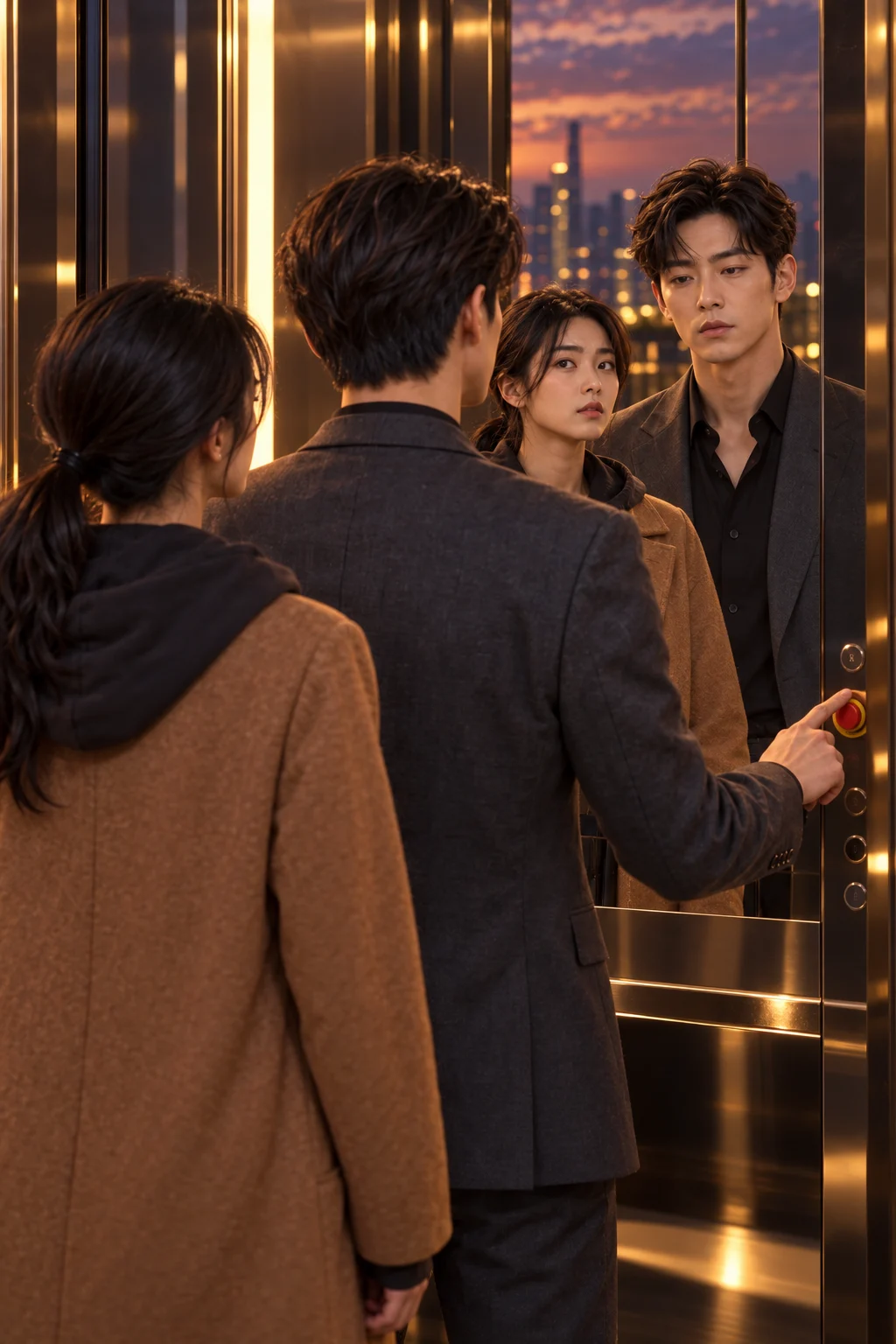 Episode still — two rivals in an elevator mirror, one finger reaching for the emergency stop button.