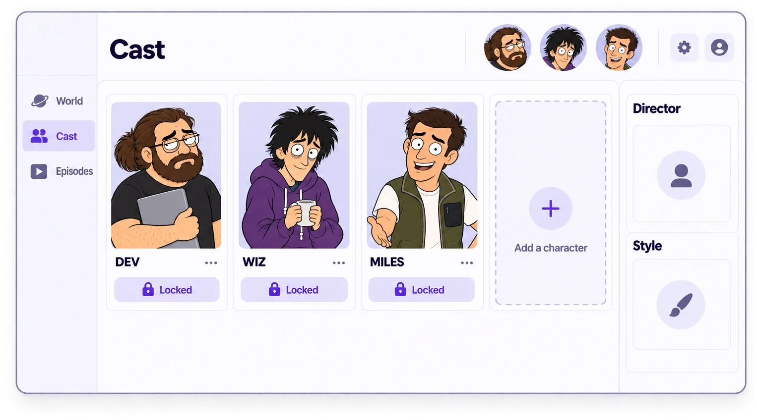 The Cast panel — locked character cards, each holding a name and an appearance for reuse.