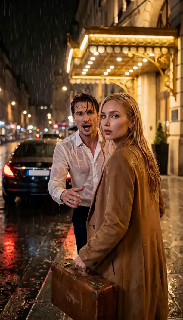 Ask Me Properly, Scene 7: Lucien runs after Elodie into the rain under the gold canopy