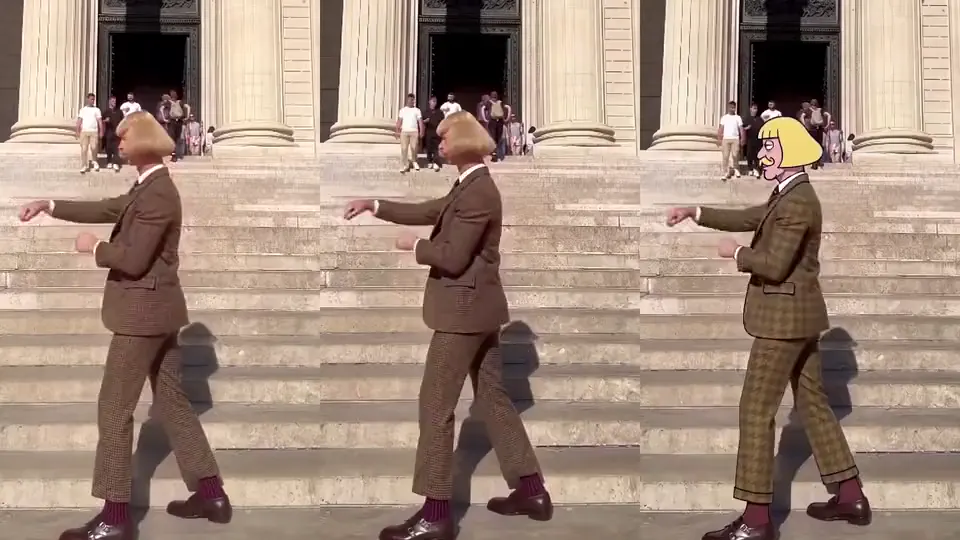 The real source performance beside Jean Paul in live action and in a cartoon Look, all doing the same steps