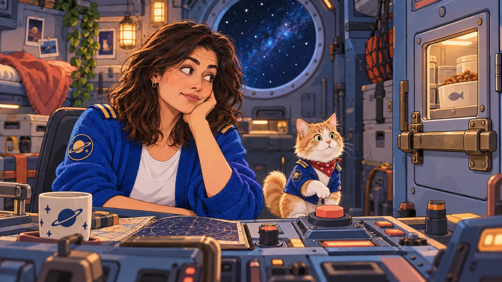 The same woman as an anime starship captain with her cat beside a locked spaceship cupboard.