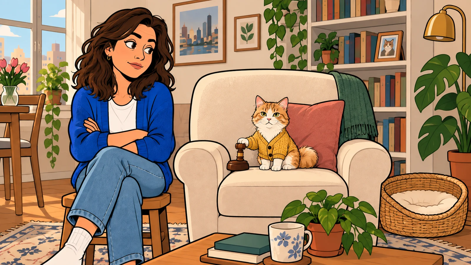 A cartoon version of the woman holds a household meeting while her cat takes the forbidden chair.
