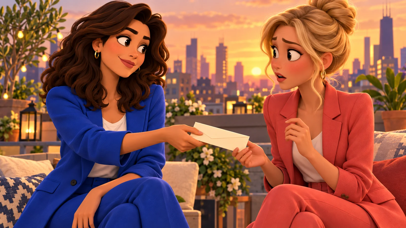 Two clearly stylized 3D animated adult women exchange a mysterious envelope on a golden-hour rooftop.