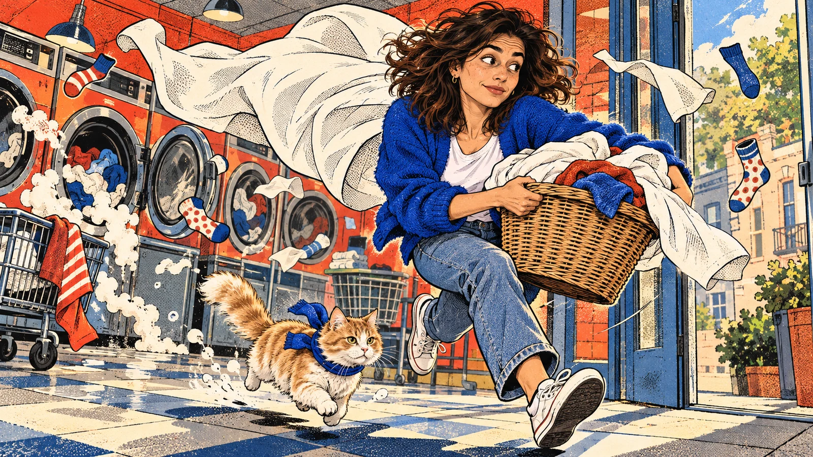 A cobalt-and-vermilion graphic comic of the woman and a normal small scarf-wearing cat escaping a chaotic laundromat.