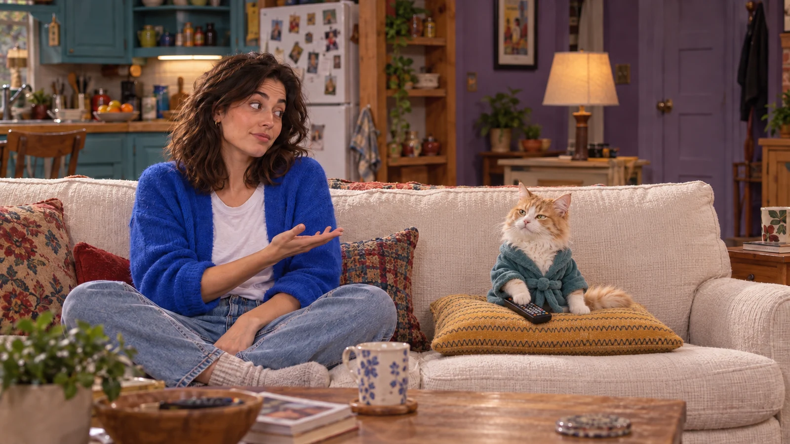 The star of the Roommates & Rent demo series glammed up beside her cat on the living-room set