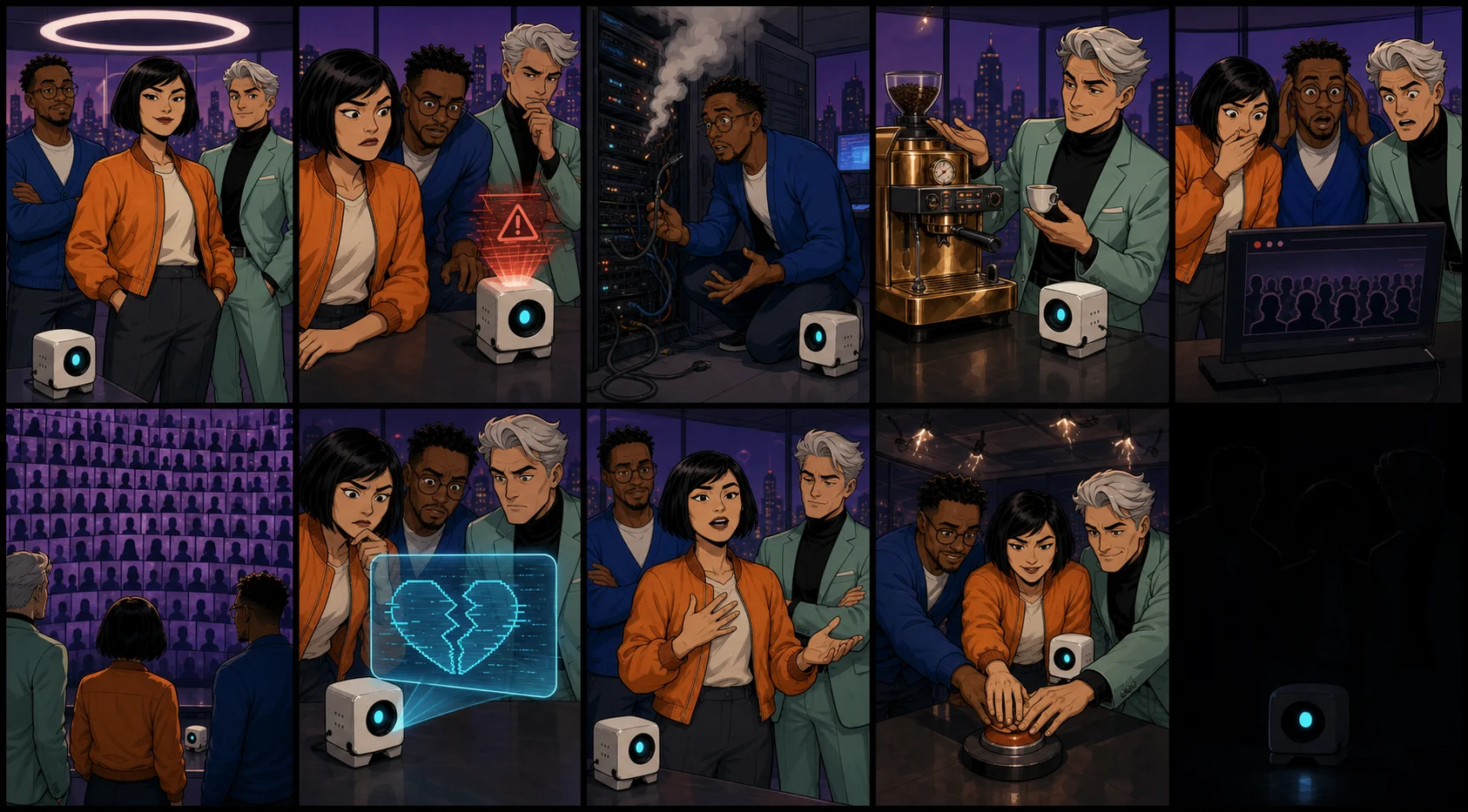 The same original Cast appearing across ten connected illustrated Story scenes